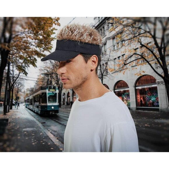 Men's Black and Brown Adjustable Visor Hat with Spiked Wigs Fake Hair Visor - Picture 6 of 9